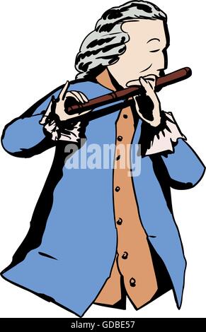 Illustration of single man in 18th century clothing and wig playing a flute Stock Vector