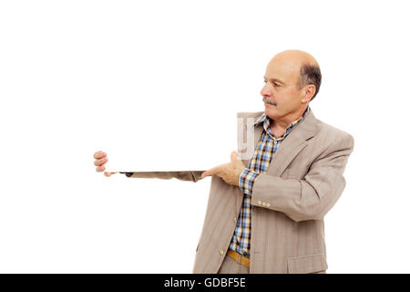 man holding an empty board in his hand. Stock Photo