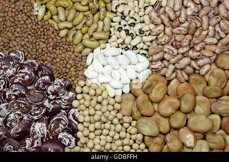 Top view of a variety of colorful soy, bean, lentil and broad beans Stock Photo