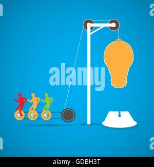 Group of people working together to turn on a lightbulb Stock Vector