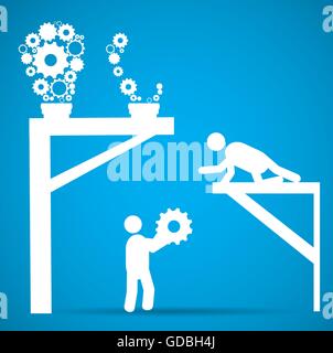 Group of people working together to build lightbulbs on a blue background Stock Vector
