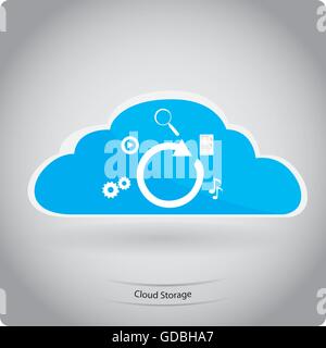 Isolated blue cloud with an arrow, different icons and text on a grey background Stock Vector