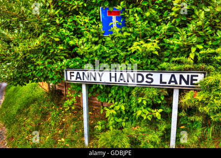 Funny amusing road signs UK sign unusual weird strange Fanny Hands Lane Ludford Lincolnshire UK England names roads words Stock Photo