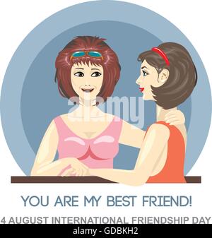Happy friendship day card. 4 August. Best friends woman embracing and holding hands. Digital vector image Stock Vector