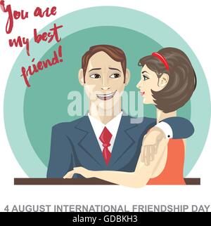 Happy friendship day card. 4 August. Best friends woman and man embracing. Digital vector image Stock Vector