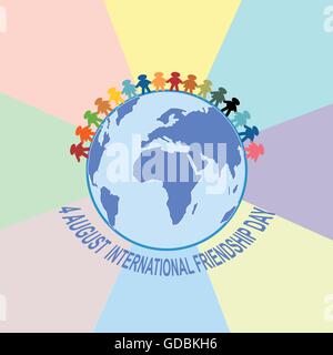 Happy friendship day card. 4 August. Best friends, many people holding by hands on planet earth symbol. Digital vector image Stock Vector