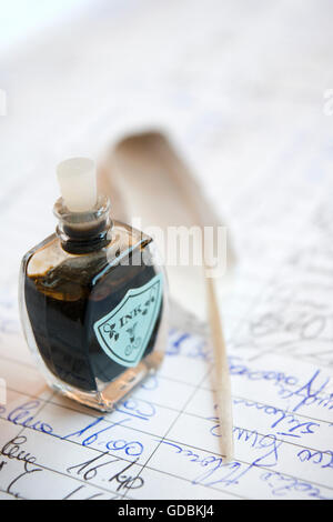 longhand on an old manuscript with plume and ink Stock Photo