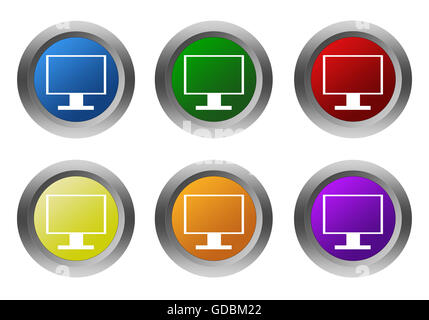 Set of rounded colorful icons with tv screen or computer monitor symbol in blue, green, yellow, red, purple and orange colors Stock Photo