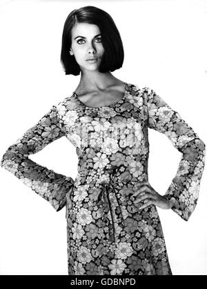 fashion, 1960s, summer dress, young woman in floral dress, studio shot, Additional-Rights-Clearences-Not Available Stock Photo