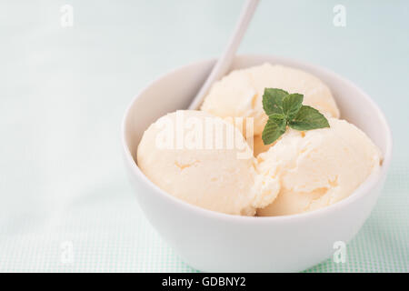 balls of vanilla ice cream decorated with mint leaves. Stock Photo