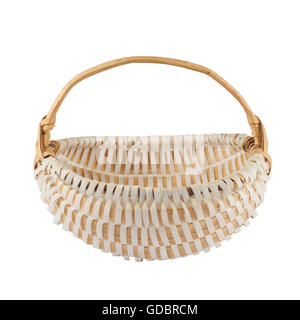 Side view of a small round woven wood basket with handle isolated on white background Stock Photo