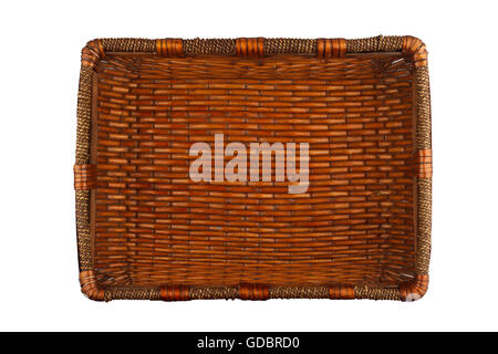 Top view of a rectangular wooden empty basket isolated on white background Stock Photo