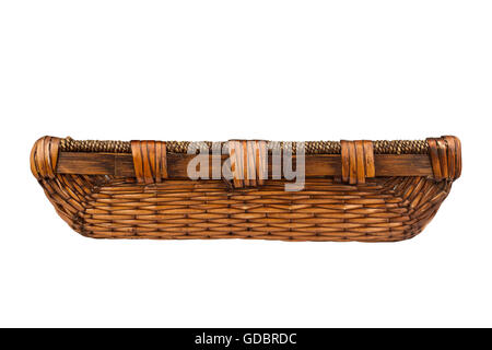 Side view of a rectangular wooden empty basket isolated on white background Stock Photo
