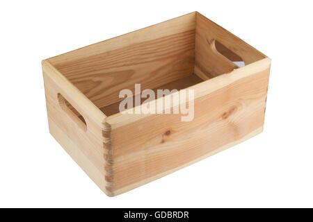 side view of a wood empty crate with handles isolated on white background Stock Photo