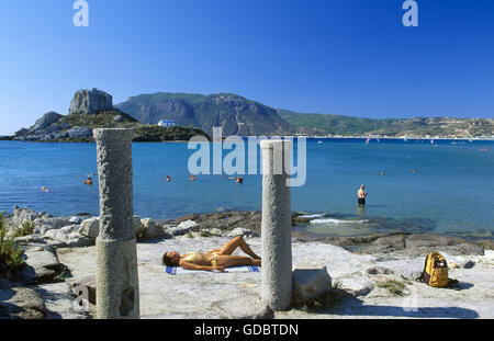 Agios Stefanos Beach, in the background Nisi Kastri Island, Kos Island, Dodecabese, Greece Stock Photo