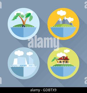 Islands set flat style. Palm tree, ship, mountains, house. Digital vector image Stock Vector
