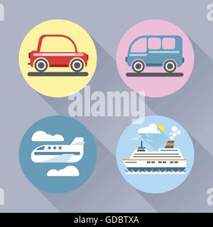 Auto icon set flat style. Car, bus, plane and ship. Digital vector image Stock Vector