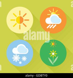 Weather set flat style. Sun, snow, clouds, flower, harvest. Digital vector image Stock Vector
