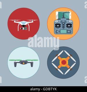 Drone set flat style. Remote controled copter, mobile phone, control board. Digital vector image Stock Vector