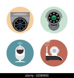 Surveillance recording security camera set flat style. Remote controled cand stationary devices. Digital vector image Stock Vector