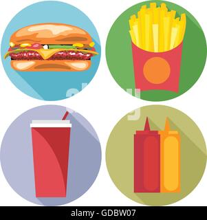 Food and drink set flat style. Burger, coke, chips, ketchup and mayonnaise. Digital vector image Stock Vector