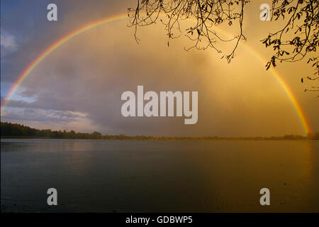 Rainbow over lake, Lower Lusatia, Saxony, Germany Stock Photo