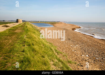 Coastal landscape with bay bar and lagoon formed from longshore drift,  North Sea coast, Bawdsey, Suffolk, England, UK Stock Photo