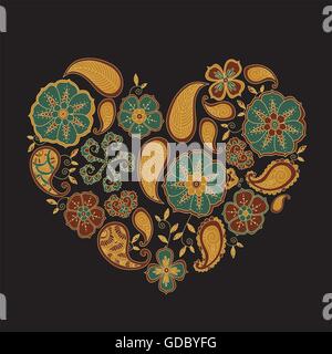 Colorful heart with mehendi flowers and leafs on dark background. Stock Vector