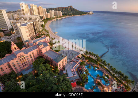 USA,Hawaii,Oahu,Honolulu,Waikiki,Sheraton Waikiki view to Diamond Head,looking at The Royal Hawaiian,a Luxury Collection Stock Photo