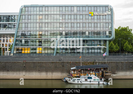 Blue hour,office building,block,Germany,dusk,twilight,Europe,company building,company logo,group,Cologne,long time ex Stock Photo