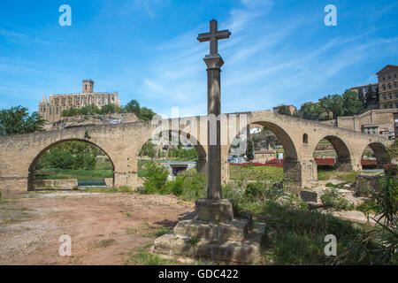 Spain,Catalonia,Manresa City,The Old Bridge and La Seu Cathedral Stock Photo