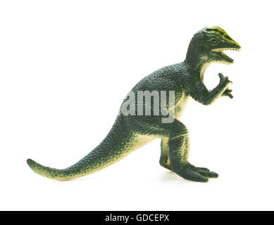 side view green Dilophosaurus toy on a white background Stock Photo