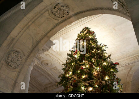 Christmas Tree with Lights and Decorations New York Public Library Stock Photo