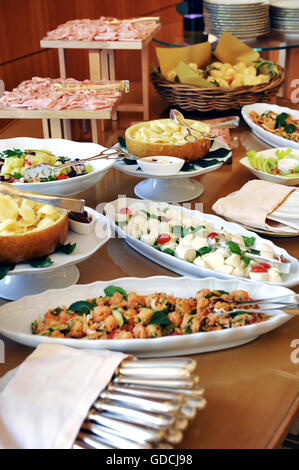 Assortment of food on a cold buffet at a hotel or catered event with sliced cold meats, salads and fish on display on individual Stock Photo