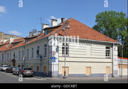 VILNIUS, LITHUANIA - MAY 29, 2016: The historical house of construction of the end of the 19th century at the intersection of Ru Stock Photo