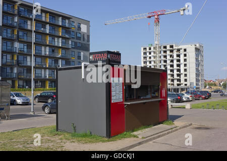 VILNIUS, LITHUANIA - JUNE 26, 2016: The booth of fast food  - the Turkish kebabs with meat and vegetables - sellingis located in Stock Photo
