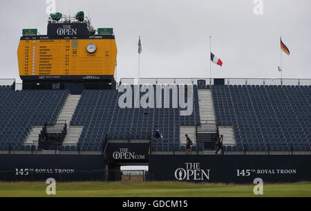 The French flag flies at half mast in respect of the victims of the Nice attacks during day two of The Open Championship 2016 at Royal Troon Golf Club, South Ayrshire. Stock Photo