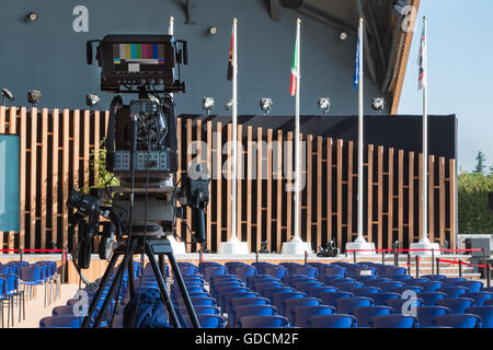 Empty Conference Room with Television Camera Ready for Audience Stock Photo
