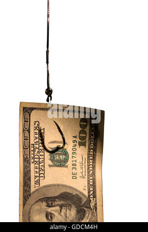 Cut Out. Half of a $100 bill hanging on a fishing hook on white background Stock Photo