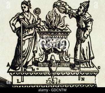 Archimedes (Syracuse-Syracuse-287, -212). Greek mathematician, physicist, engineer, inventor, and astronomer. Archimedes and his experiments. Engraving. Stock Photo