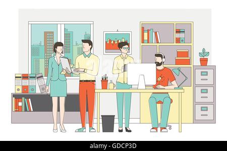 People working together in the office, teamwork, cooperation and creativity concept, thin line characters and objects Stock Vector