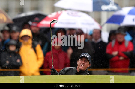 USA's Phil Mickelson plays out of the bunker during day two of The Open Championship 2016 at Royal Troon Golf Club, South Ayrshire. Stock Photo