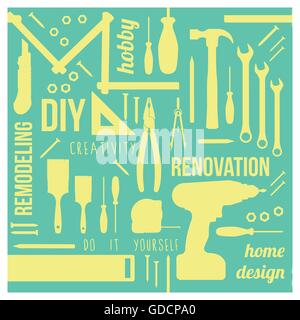 DIY and home renovation tools silhouettes with words and concepts in a square frame Stock Vector