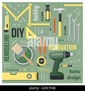 DIY and home renovation tools set with words and concepts in a square frame on green background Stock Vector