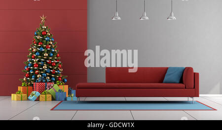 Red and gray living room with Christmas tree,colorful gift and red couch - 3d rendering Stock Photo