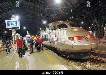 TGV high speed train of French Railroads in Milan Central Station (Italy) Stock Photo