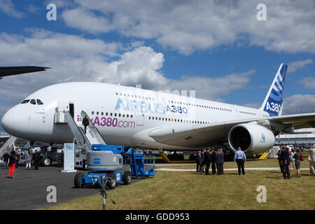 An Airbus A380 on show at the Farnborough Airshow near London, England, in 2016. Stock Photo