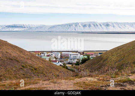 The small town Saudarkrokur in the fjord Skagafjördur in north Iceland. Stock Photo