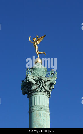 Golden Angel on the Top to the Column, Place de la Bastille in Paris Stock Photo