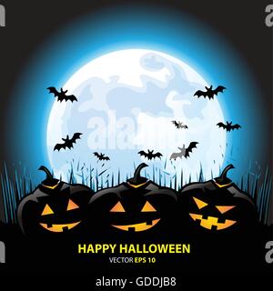 Happy Halloween pumpkins on blue moon light night party celebration festival vector illustration. Stock Vector